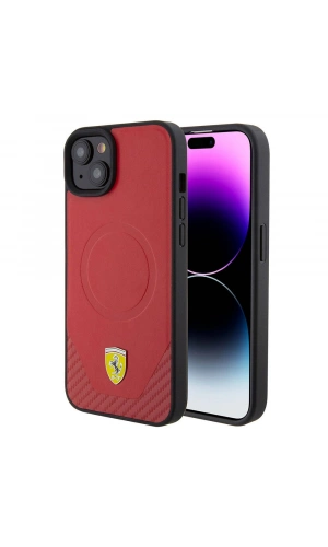 Apple iPhone 15 Plus Kılıf Ferrari Orjinal Lisanslı M-safe Şarj Özellikli Metal Logolu PU Karbon Kapak