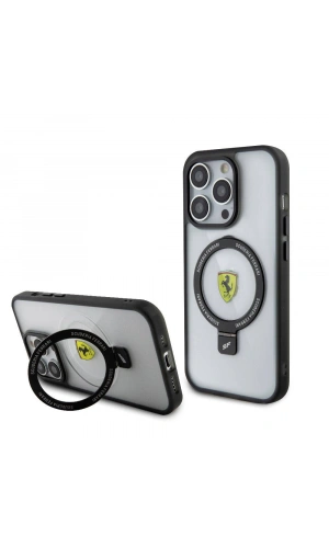 Apple iPhone 15 Pro Kılıf Ferrari M-safe Şarj Özellikli Standlı Buzlu Yüzey Dizayn Kapak