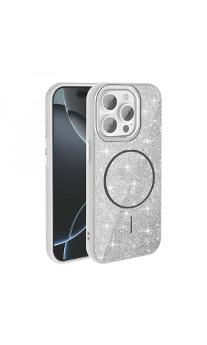 Apple iPhone 15 Pro Kılıf M-safe Şarj Özellikli Parlayan Simli Zore Okso Kapak