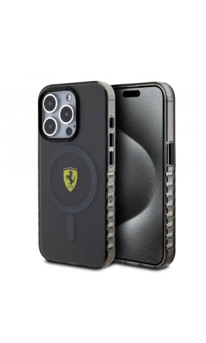 Apple iPhone 15 Pro Max Kılıf Ferrari Orjinal Lisanslı M-safe Şarj Özellikli Tırtıklı Kenar Tasarımlı Ortalanmış Logo Kapak