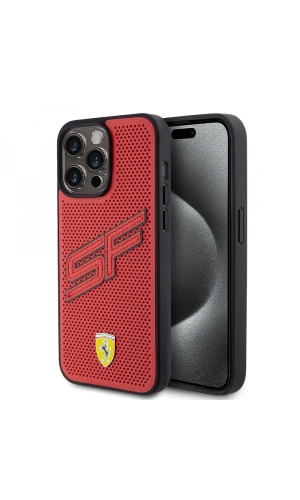 Apple iPhone 15 Pro Max Kılıf Ferrari Orjinal Lisanslı PU Delikli Arka Yüzey Metal Logolu Dikişli Büyük SF Yazılı Kapak