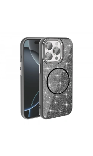 Apple iPhone 15 Pro Max Kılıf M-safe Şarj Özellikli Parlayan Simli Zore Okso Kapak