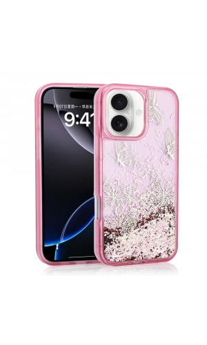 Apple iPhone 16 Kılıf Sıvılı Simli Kelebek Baskılı Şeffaf Arka Yüzey Zore Glis Silikon Kapak