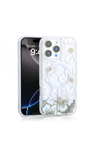 Apple iPhone 16 Pro Kılıf Sıvılı Simli Baskılı Şeffaf Arka Yüzey Zore Mossa Silikon Kapak