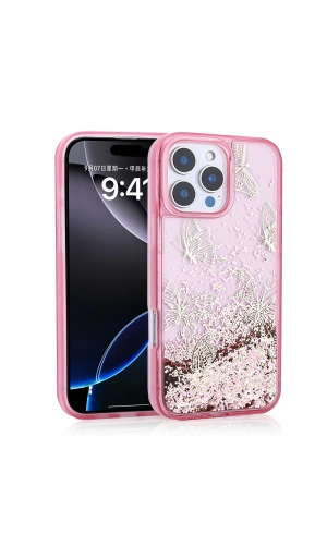 Apple iPhone 16 Pro Max Kılıf Sıvılı Simli Kelebek Baskılı Şeffaf Arka Yüzey Zore Glis Silikon Kapak