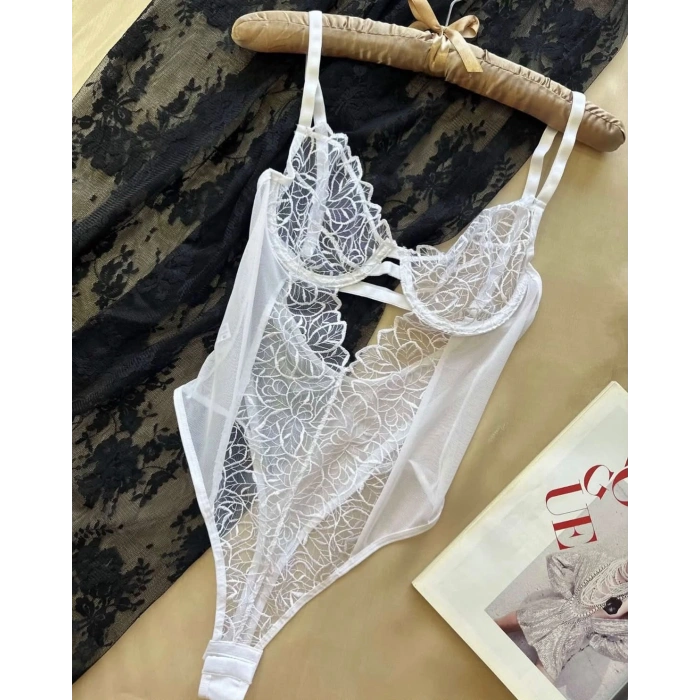 Beyaz Dantel İşlemeli Balenli Transparan Bodysuit