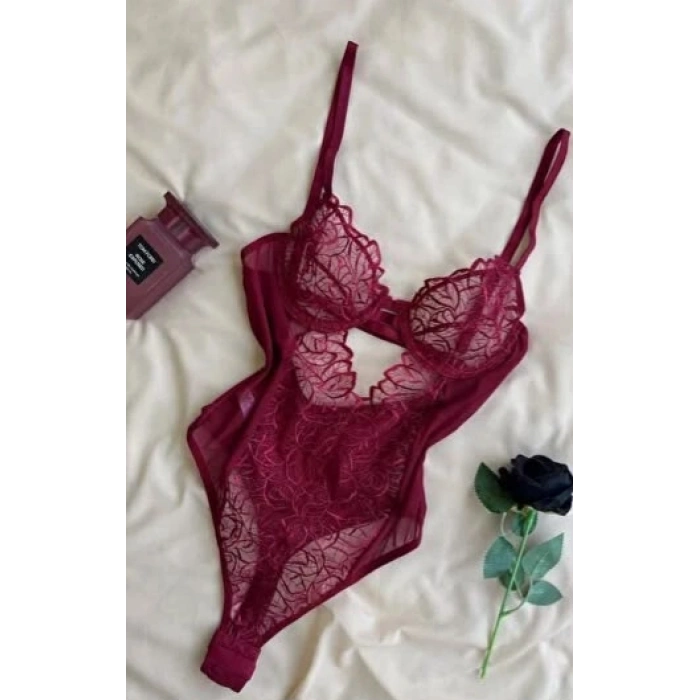 Bordo Dantel İşlemeli Balenli Transparan Bodysuit