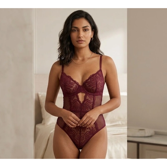 Bordo Dantel İşlemeli Balenli Transparan Bodysuit