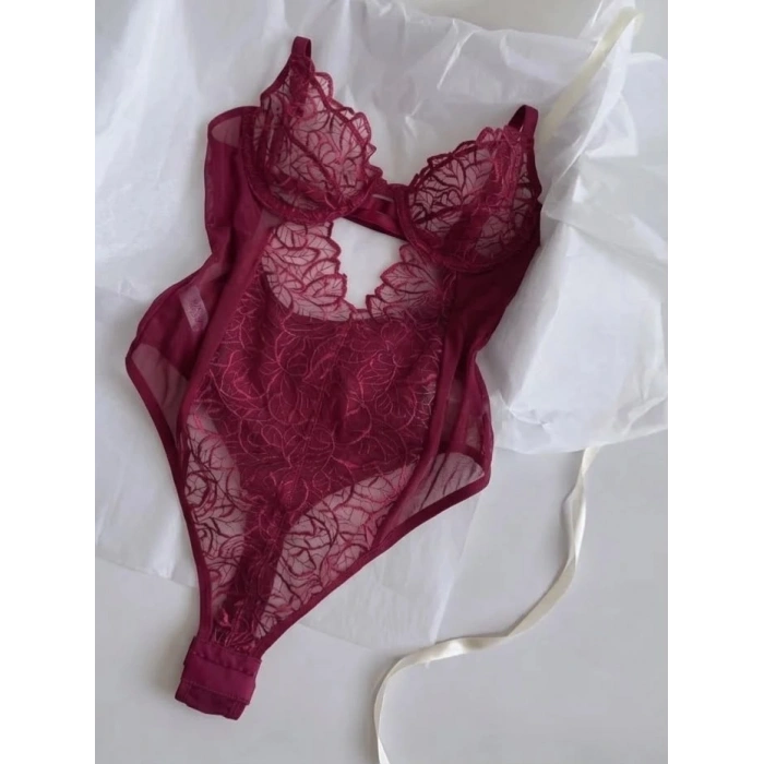 Bordo Dantel İşlemeli Balenli Transparan Bodysuit