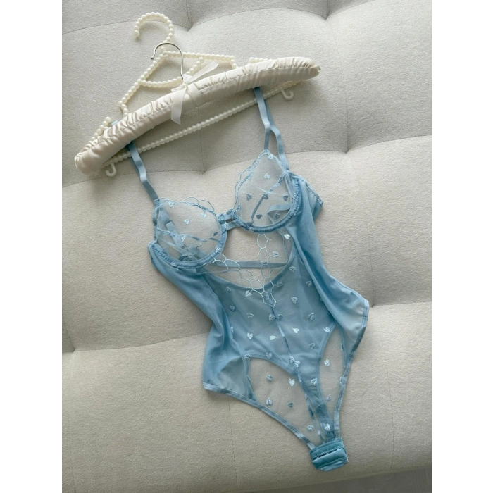 Mavi Kalp Nakışlı Balenli Tül Bodysuit
