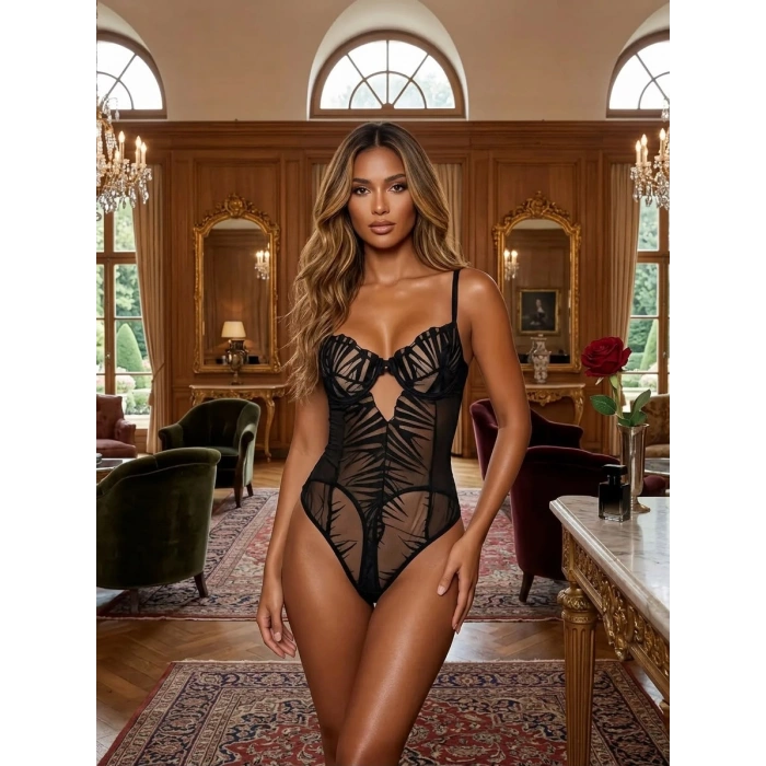Siyah Çizgi Desenli Balenli Transparan Tül Bodysuit