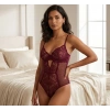 Bordo Dantel İşlemeli Balenli Transparan Bodysuit