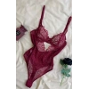 Bordo Dantel İşlemeli Balenli Transparan Bodysuit