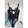 Siyah Çizgi Desenli Balenli Transparan Tül Bodysuit