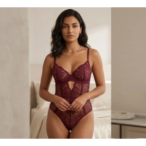 Bordo Dantel İşlemeli Balenli Transparan Bodysuit