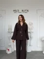 Kruvaze Yaka Metal Toka Kemerli Ceket Pantolon Kahve Takım