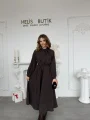 Fular Yaka Kuşaklı Uzun Kollu Kahve Elbise