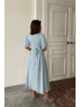 Arkadan Bağlamalı Eteği Yanları Büzgülü Keten Mavi Elbise