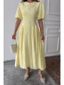 Arkadan Bağlamalı Eteği Yanları Büzgülü Keten Sarı Elbise