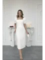 Balon Kol İnci İşlemeli Midi Boy Beyaz Elbise