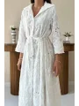 Beyaz Bel Çevresi Bağcıklı Brode Elbise