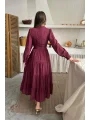 Bordo Çizgi Desenli Kuşaklı Uzun Elbise