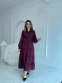Bordo Çizgi Desenli Kuşaklı Uzun Elbise