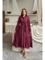 Bordo Çizgi Desenli Kuşaklı Uzun Elbise