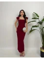 Bordo Maxi boy yaka taş detaylı uzun elbise