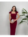 Bordo Maxi boy yaka taş detaylı uzun elbise