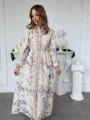 Çiçek Desenli Kuşak ve Düğme Detaylı Vintage Stil Keten Elbise