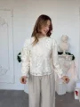Ekru Çiçek Nakışlı Dantel Bluz