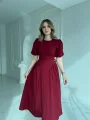 Etek Yanları Büzgülü Balon Kol Sırt Kuşaklı Bordo Elbise