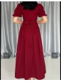Etek Yanları Büzgülü Balon Kol Sırt Kuşaklı Bordo Elbise