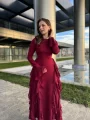 Fırfır Detay Bordo Elbise