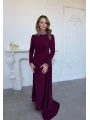 İnci Detaylı Pelerinli Uzun Mor Abiye Elbise