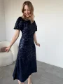 Işıltılı Vatkalı Pul Payet Lacivert Elbise