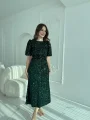 Işıltılı Vatkalı Pul Payet Zümrüt Elbise