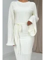 İspanyol Kol Tam Boy Piliseli Ekru Elbise