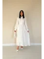 Jakarlı Kemer Detaylı Tam Boy Ekru Elbise