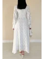 Jakarlı Kemer Detaylı Tam Boy Ekru Elbise