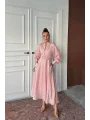 Jakarlı Kemer Detaylı Tam Boy Pembe Elbise