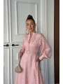 Jakarlı Kemer Detaylı Tam Boy Pembe Elbise