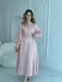 Jakarlı Kemer Detaylı Tam Boy Pembe Elbise