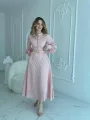 Jakarlı Kemer Detaylı Tam Boy Pembe Elbise