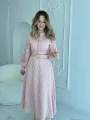 Jakarlı Kemer Detaylı Tam Boy Pembe Elbise