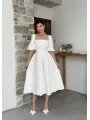 Kare Yaka Balon Kol Çan Etekli Beyaz Elbise