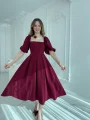 Kare Yaka Balon Kol Çan Etekli Bordo Elbise