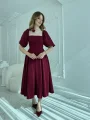Kare Yaka Balon Kol Çan Etekli Bordo Elbise