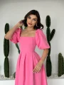 Kare Yaka Balon Kol Çan Etekli Pembe Elbise